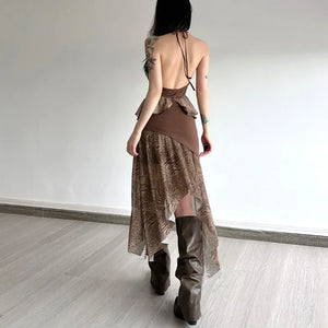 Boho Asymmetric Top & Leopard Midi Skirt Two Piece Set