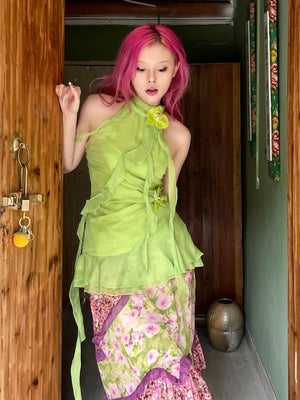 Fairycore Floral Ruffled Top