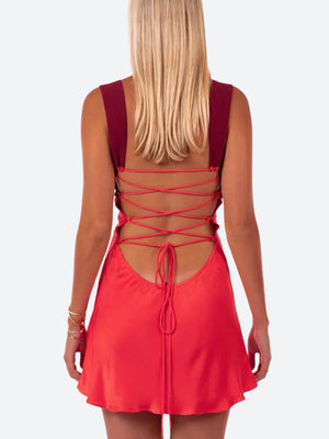 Satin Lace Up Backless Mini Dress