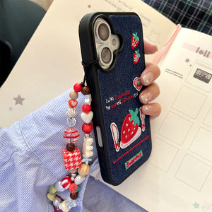 Strawberry Embroidery Denim iPhone Case