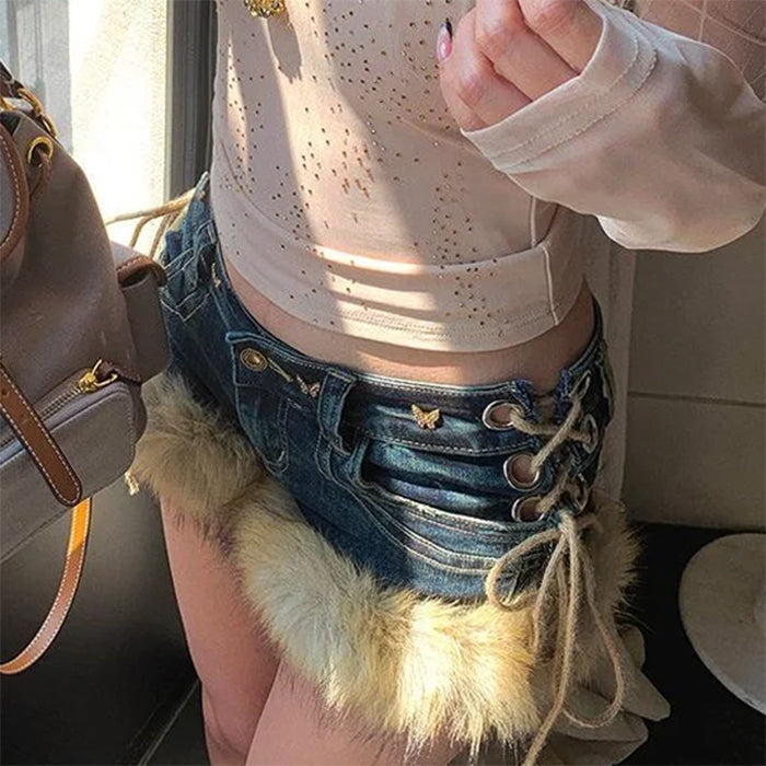 2000s Fur Trim Denim Shorts