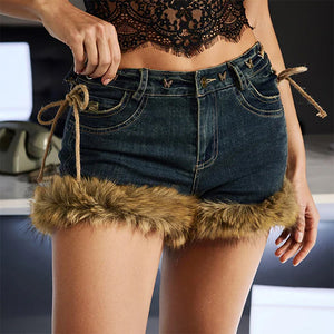 2000s Fur Trim Denim Shorts