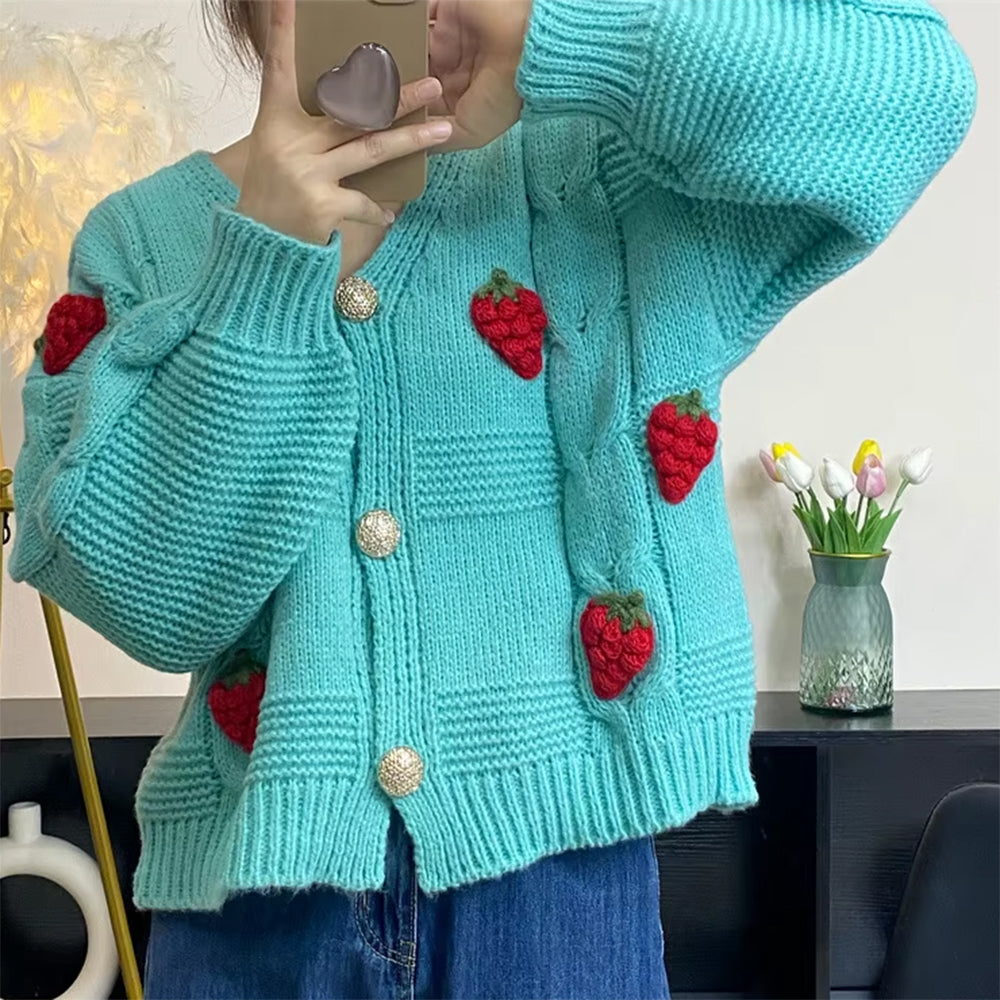 3D Strawberry Pattern Cardigan