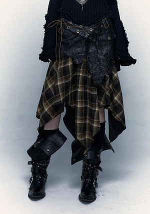 Grunge Faux Leather Plaid Midi Skirt