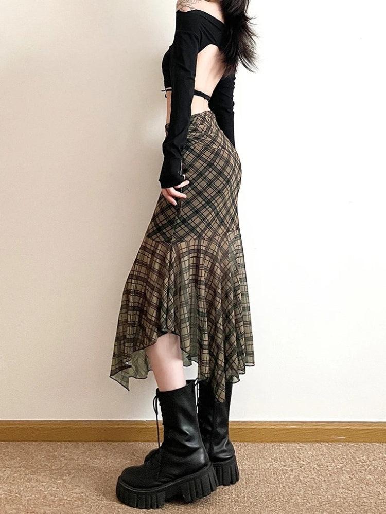 Grunge Plaid Mesh Midi Skirt