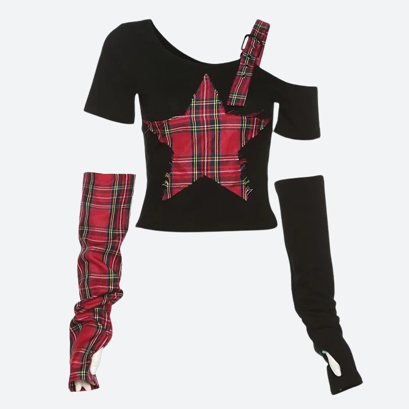Grunge Plaid Star Patch Top