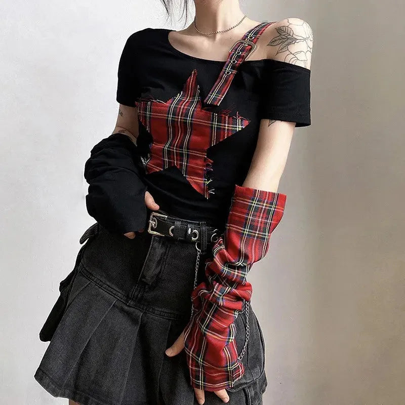 Grunge Plaid Star Patch Top