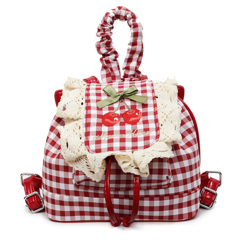 Cherry Embroidery Gingham Backpack