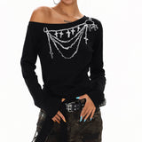 Cross Chain Print One-Shoulder Top