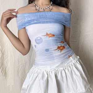 Goldfish Print Off-Shoulder Top
