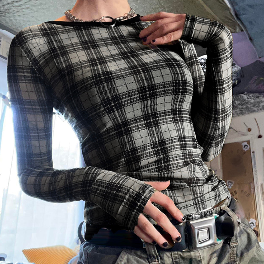 Grunge Plaid Mesh Long Sleeve Top