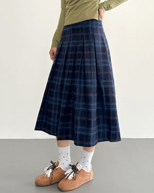 Preppy Style Plaid Pleated Midi Skirt