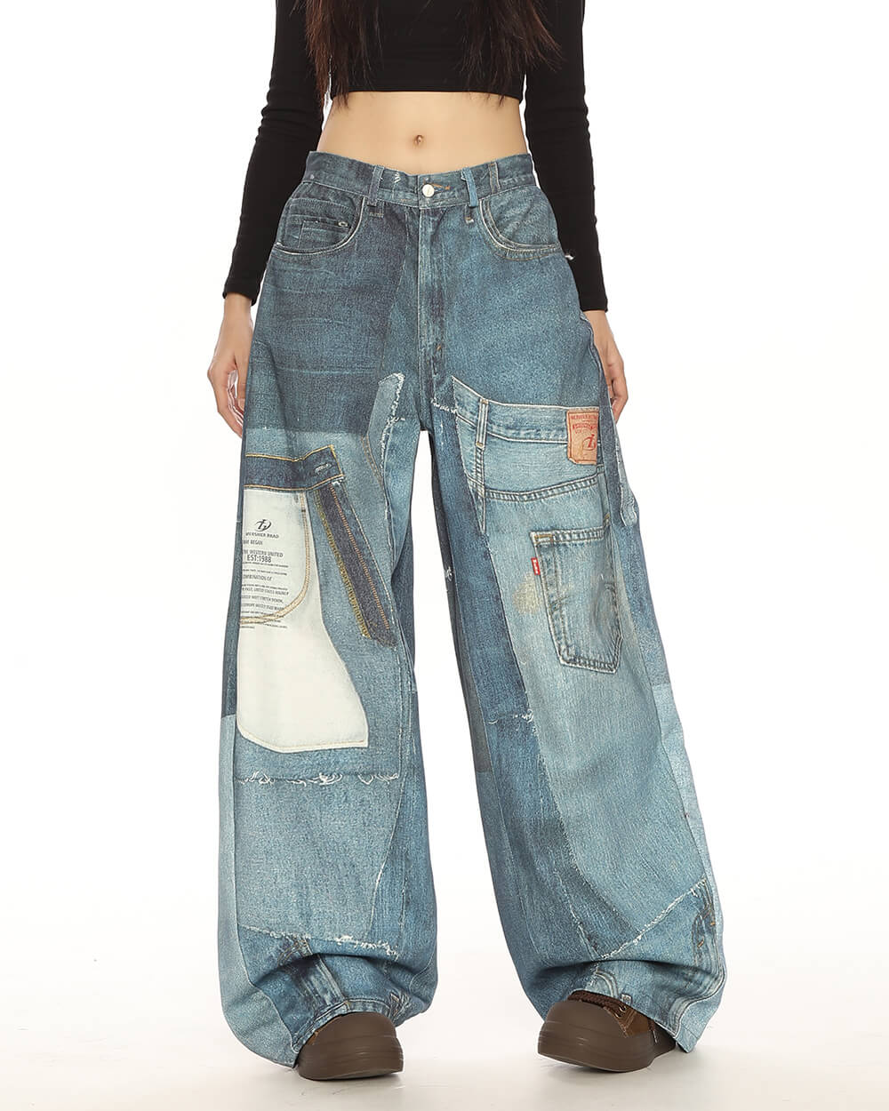 Printed Panel Look Baggy Denim Pants