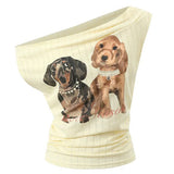Puppy Print Off Shoulder Top
