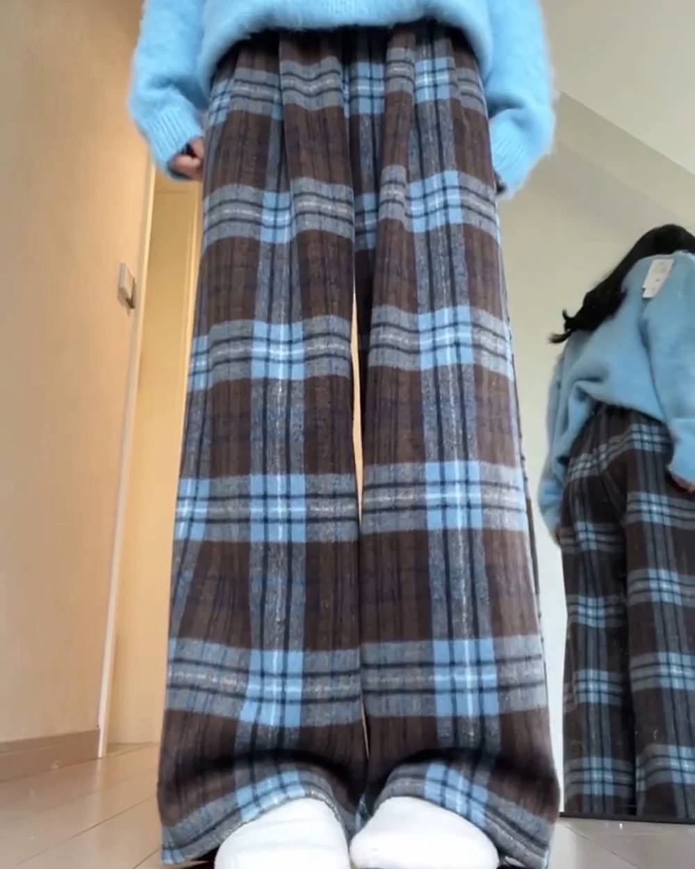 Autumn Study Vintage Plaid Wide Leg Pants