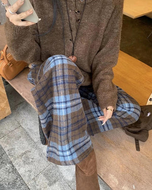 Autumn Study Vintage Plaid Wide Leg Pants
