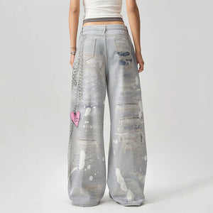Washed Grey Y2K Chain Print Jeans