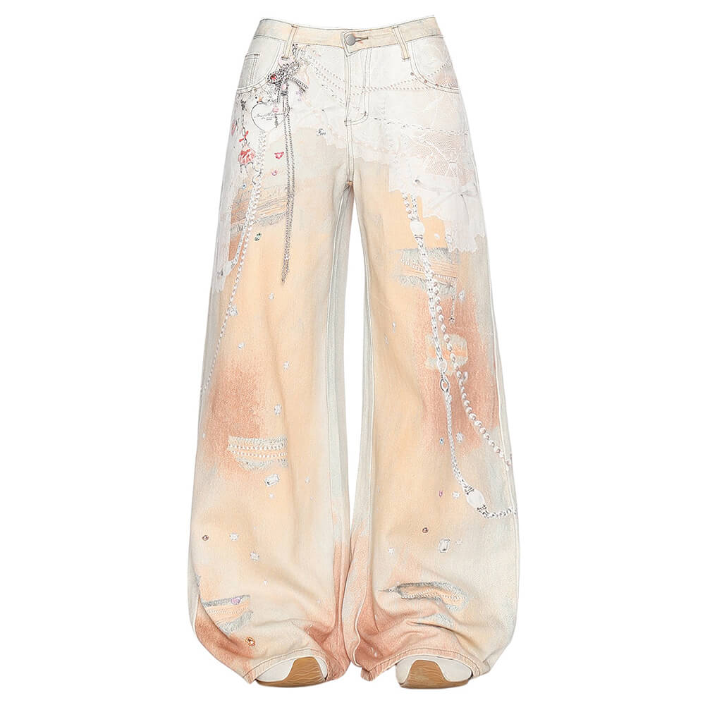 Y2K Chain Print Wide Leg Jeans in Peach
